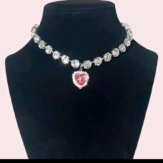 Pet Collar Pink Crystal Diamond Heart Necklace Magnetic Breakaway Safe for Dogs & Cats