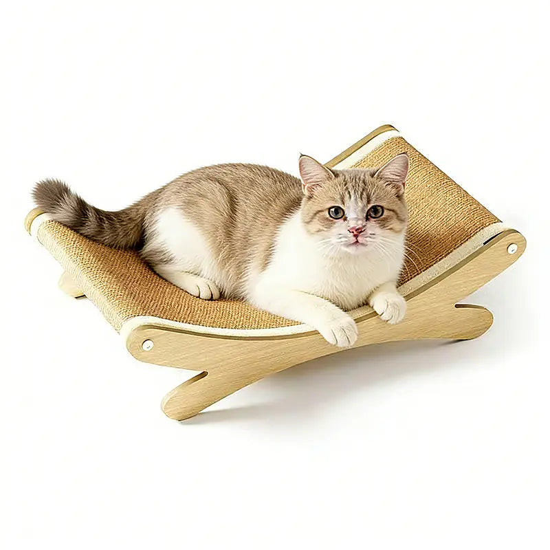 Medium-Size Multi-Functional Pet Record Rocker Bed with Natural Wood Frame, Tear-Resistant Sisal-Jute Scratching Board, Indoor Cat Furniture for Scratching & Relaxing