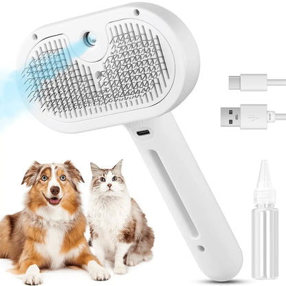 Three-In-One Cat Steam Brush, Pet Hair Remover and Grooming Spray Comb, Water Mist Spray Brush with Release Button, for Cats and Dogs, Grooming Accessories