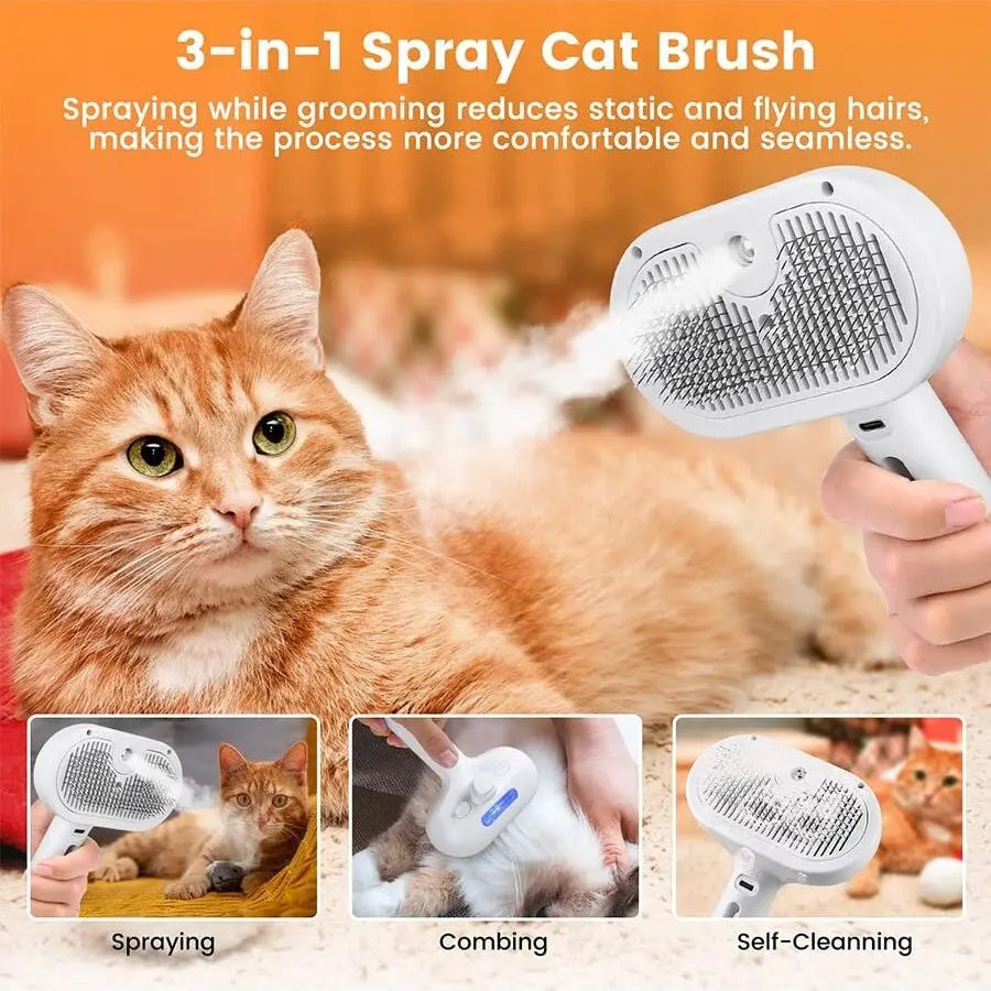 Three-In-One Cat Steam Brush, Pet Hair Remover and Grooming Spray Comb, Water Mist Spray Brush with Release Button, for Cats and Dogs, Grooming Accessories
