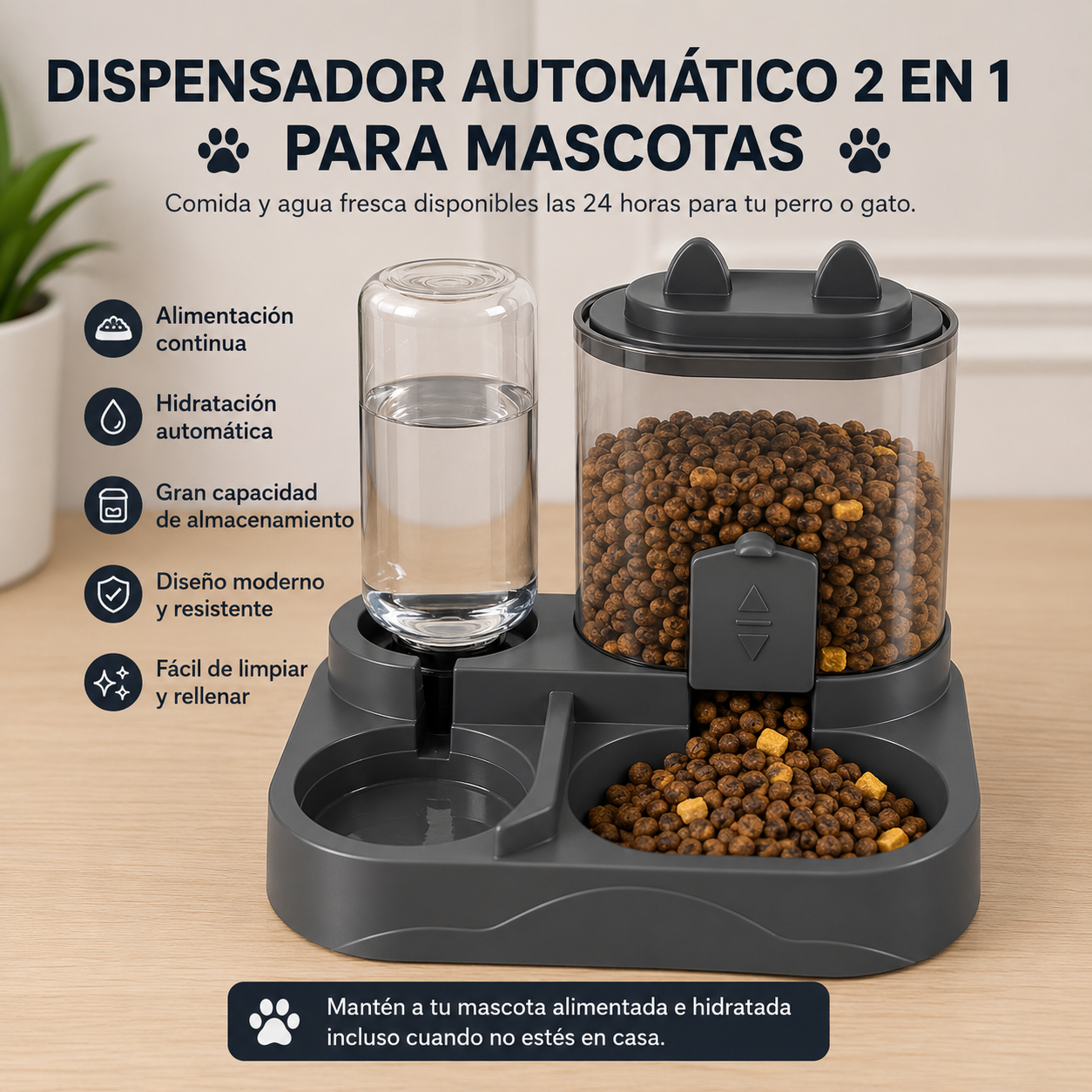 Dispensador Automático 2 en 1 para Mascotas | Comida y Agua Siempre Disponibles