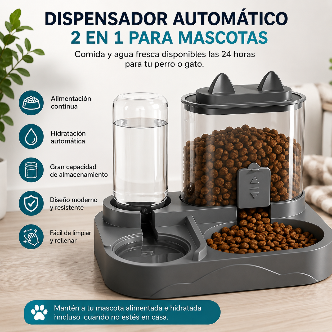 Dispensador Automático 2 en 1 para Mascotas | Comida y Agua Siempre Disponibles