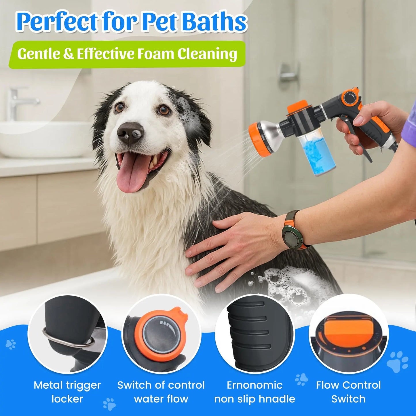 MASKOTIKS Dog Washing Hose Attachment-All in One Dog Bath Attachment for Tub-Dog Shampoo Sprayer-Dog Washing Kit-Dog Drying Towel-Dog Tooth Brush-Dog Washing Brush-Dog Scrubber for Bath and Dog Shampoo Brush