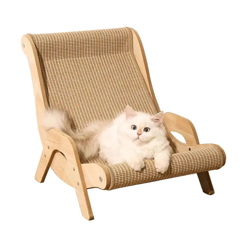 Medium-Size Multi-Functional Pet Record Rocker Bed with Natural Wood Frame, Tear-Resistant Sisal-Jute Scratching Board, Indoor Cat Furniture for Scratching & Relaxing