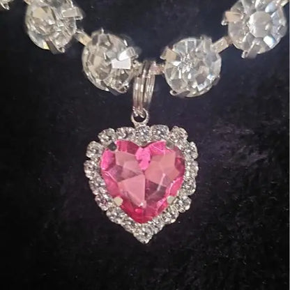 Pet Collar Pink Crystal Diamond Heart Necklace Magnetic Breakaway Safe for Dogs & Cats