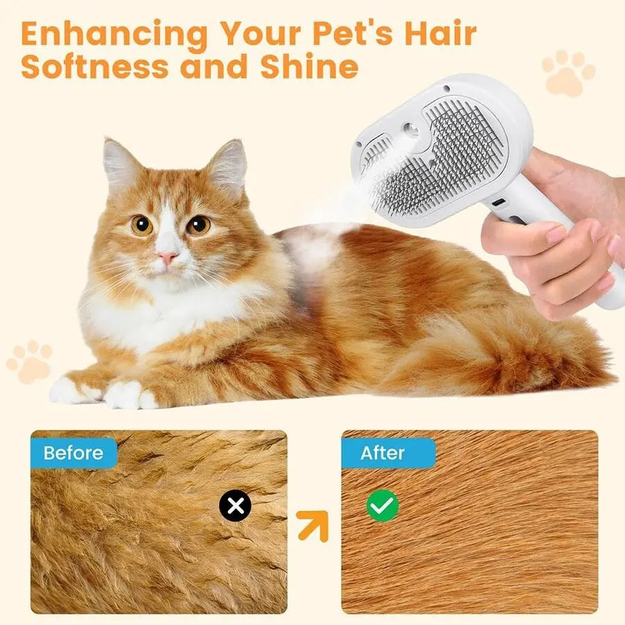 Three-In-One Cat Steam Brush, Pet Hair Remover and Grooming Spray Comb, Water Mist Spray Brush with Release Button, for Cats and Dogs, Grooming Accessories
