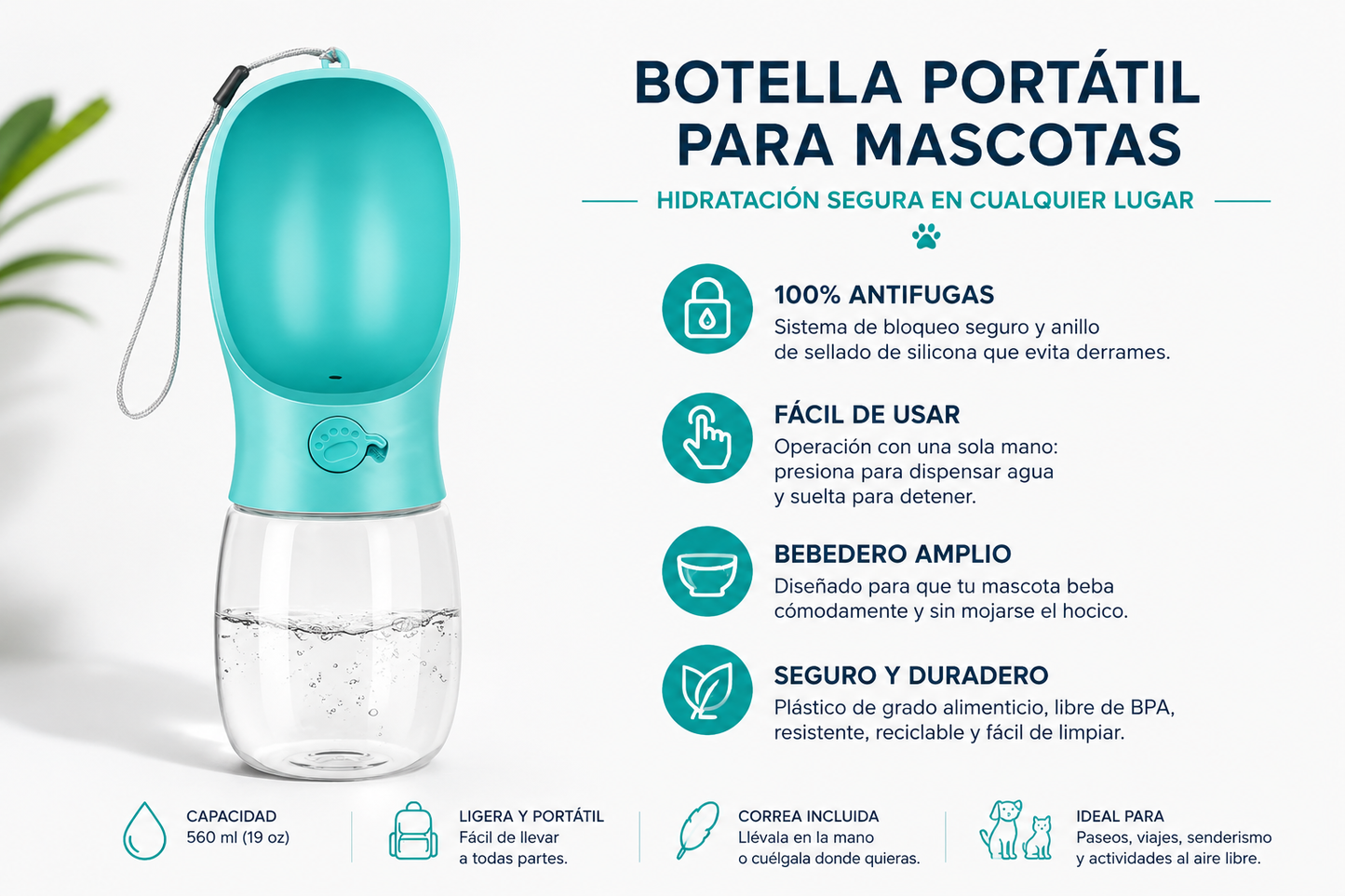 🏆 Botella Portátil para Perros y Gatos | Antifugas, Segura y Perfecta para Viajes