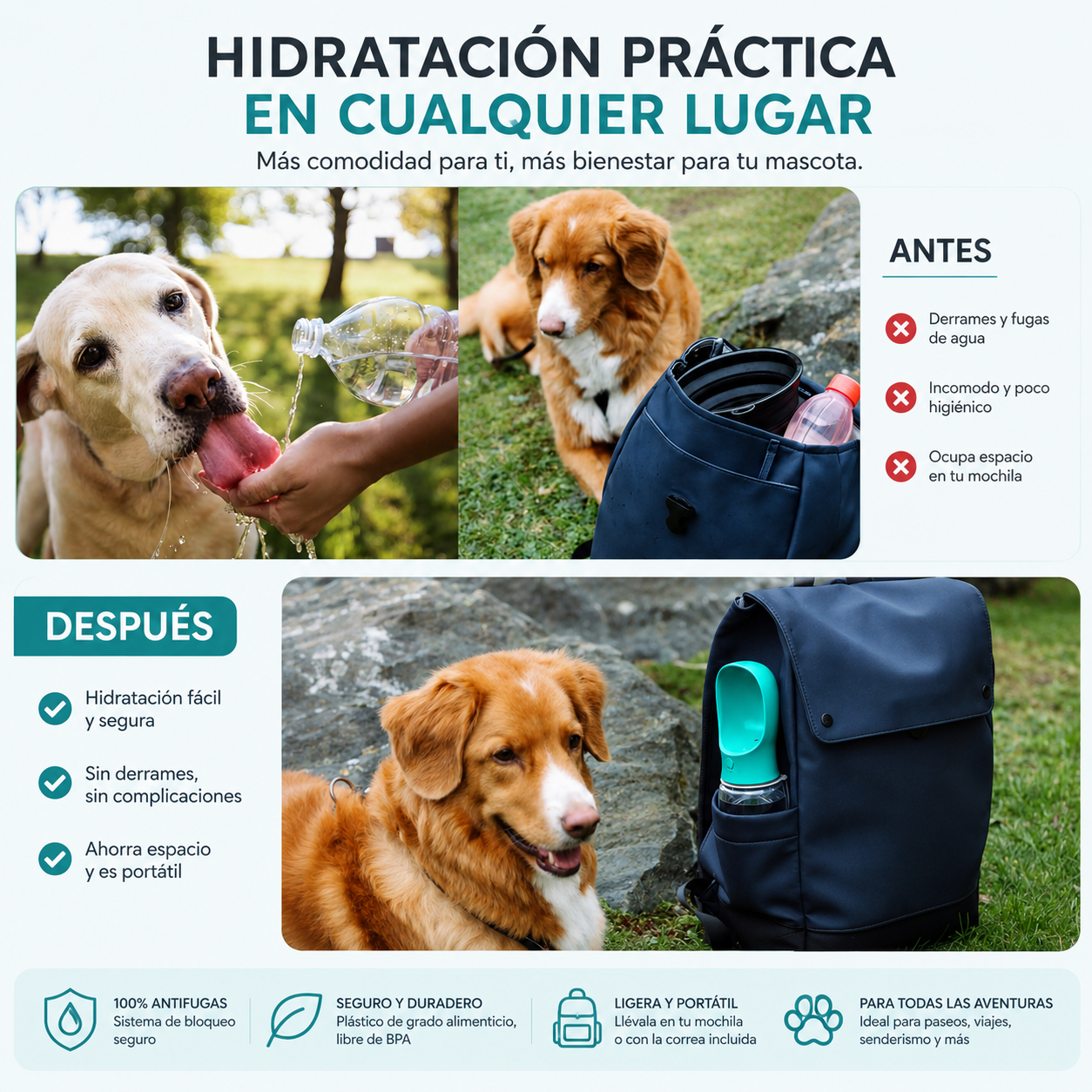 🏆 Botella Portátil para Perros y Gatos | Antifugas, Segura y Perfecta para Viajes