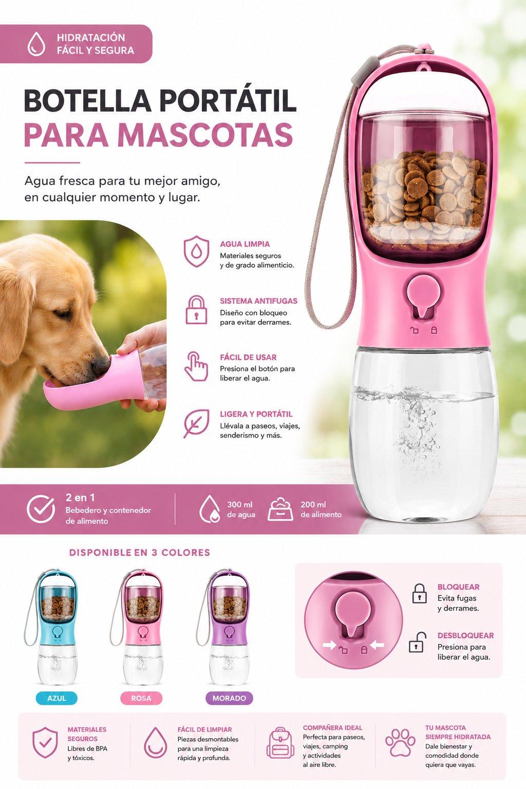 🏆 Botella Portátil para Perros y Gatos | Antifugas, Segura y Perfecta para Viajes