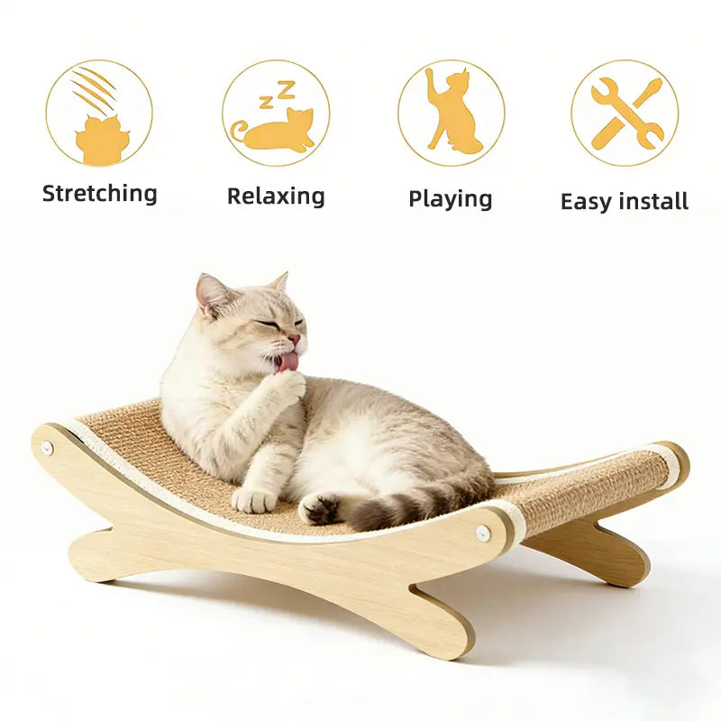 Medium-Size Multi-Functional Pet Record Rocker Bed with Natural Wood Frame, Tear-Resistant Sisal-Jute Scratching Board, Indoor Cat Furniture for Scratching & Relaxing