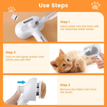 Three-In-One Cat Steam Brush, Pet Hair Remover and Grooming Spray Comb, Water Mist Spray Brush with Release Button, for Cats and Dogs, Grooming Accessories