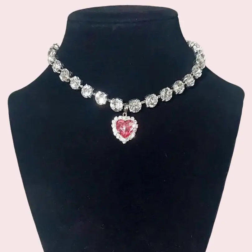 Pet Collar Pink Crystal Diamond Heart Necklace Magnetic Breakaway Safe for Dogs & Cats