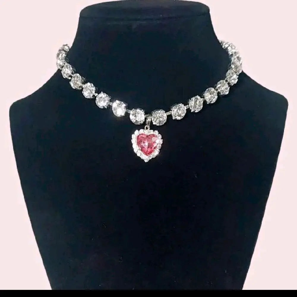 Pet Collar Pink Crystal Diamond Heart Necklace Magnetic Breakaway Safe for Dogs & Cats