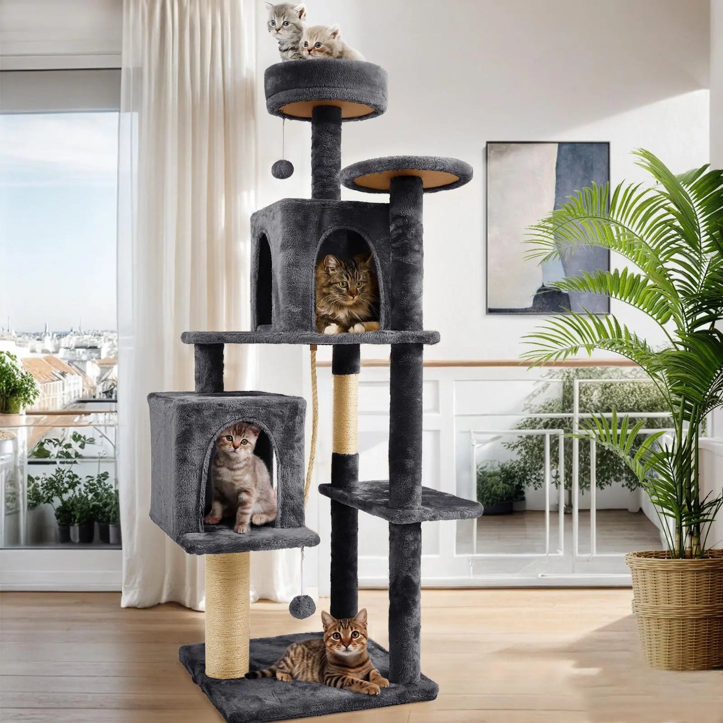 Wecharmer 58" Cat Tree | Tall Condos + Scratching Post + Hanging Toy | Perfect for Indoor Cats/Kittens