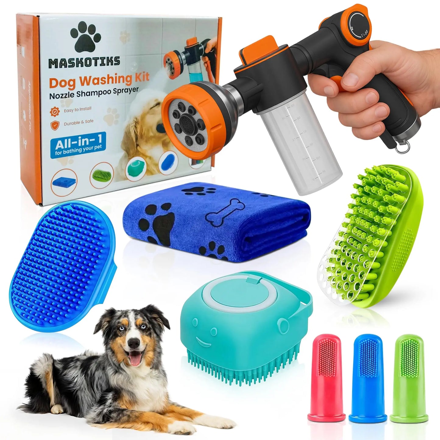 MASKOTIKS Dog Washing Hose Attachment-All in One Dog Bath Attachment for Tub-Dog Shampoo Sprayer-Dog Washing Kit-Dog Drying Towel-Dog Tooth Brush-Dog Washing Brush-Dog Scrubber for Bath and Dog Shampoo Brush