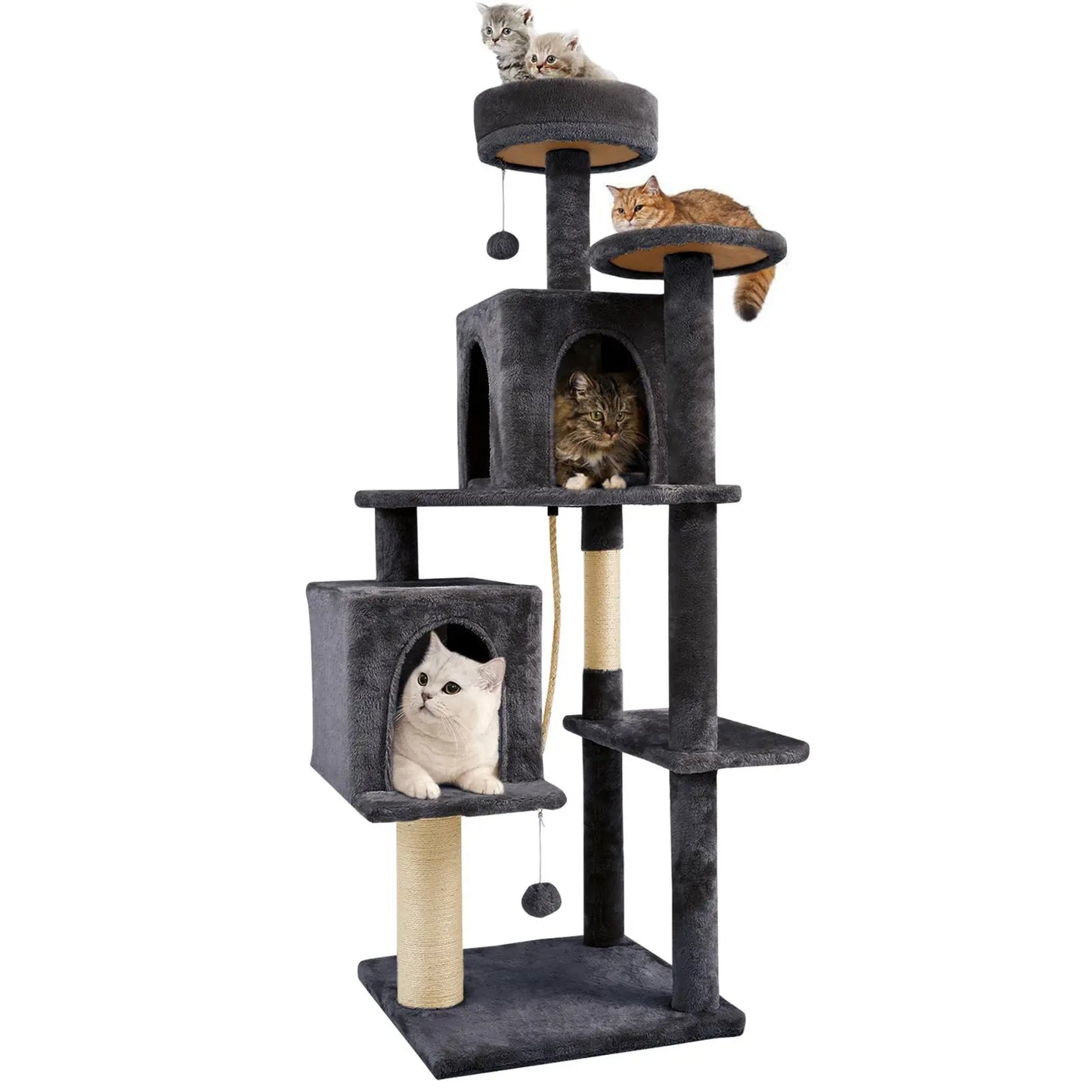 Wecharmer 58" Cat Tree | Tall Condos + Scratching Post + Hanging Toy | Perfect for Indoor Cats/Kittens