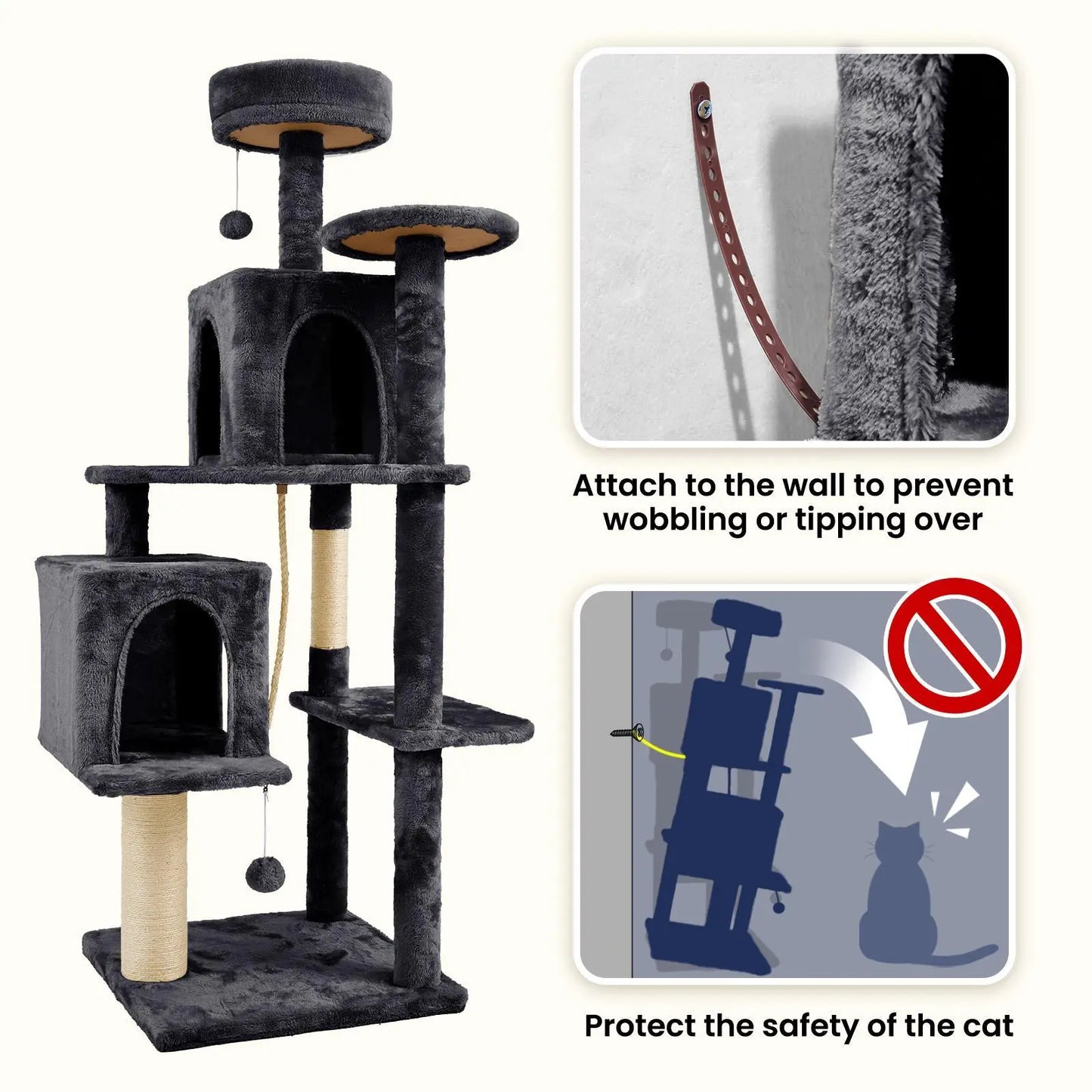 Wecharmer 58" Cat Tree | Tall Condos + Scratching Post + Hanging Toy | Perfect for Indoor Cats/Kittens